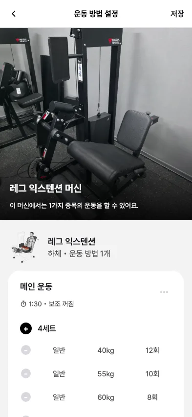 세트 편집 화면 — 상단 레그 익스텐션 머신 사진, 종목명, 메인 운동 카드 4세트