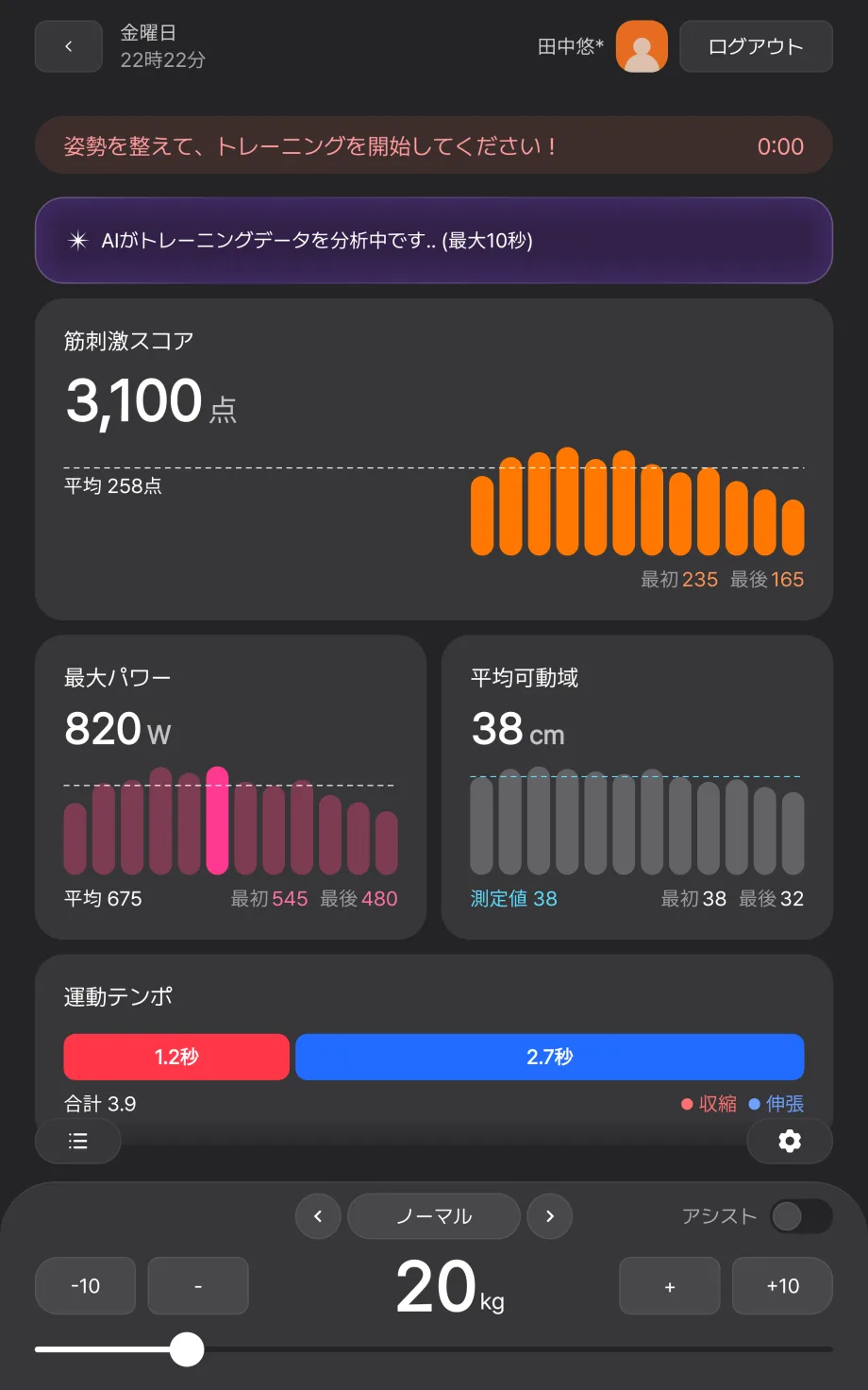 休憩画面の直前セット分析。AI 分析カード、筋刺激スコア、最大パワー、平均可動域、トレーニングテンポのカードが並ぶ
